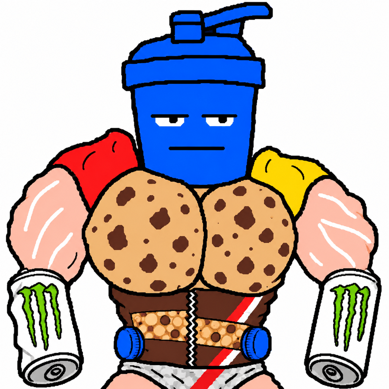 SNACKED, a shaker-headed food bodybuilder